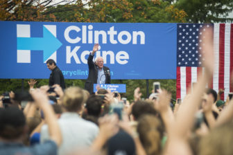 Sen. Bernie Sanders (I-Vt.) greets the crowd of people on Oct. 6, 2016 at Adams Field. East Lansing is one of four locations that Sanders campaigned at on Thursday. Sanders traveled across Michigan in a campaign for Democratic presidential nominee Hillary Clinton.