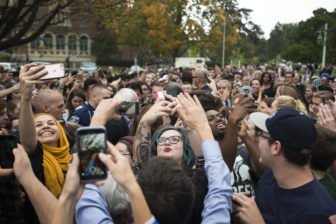 Students hold their phones and pose for selfies with Sen. Bernie Sanders (I-Vt.) on Oct. 6, 2016 at Adams Field. East Lansing is one of four locations that Sanders campaigned at on Thursday.  Sanders traveled across Michigan in a campaign for Democratic presidential nominee Hillary Clinton.