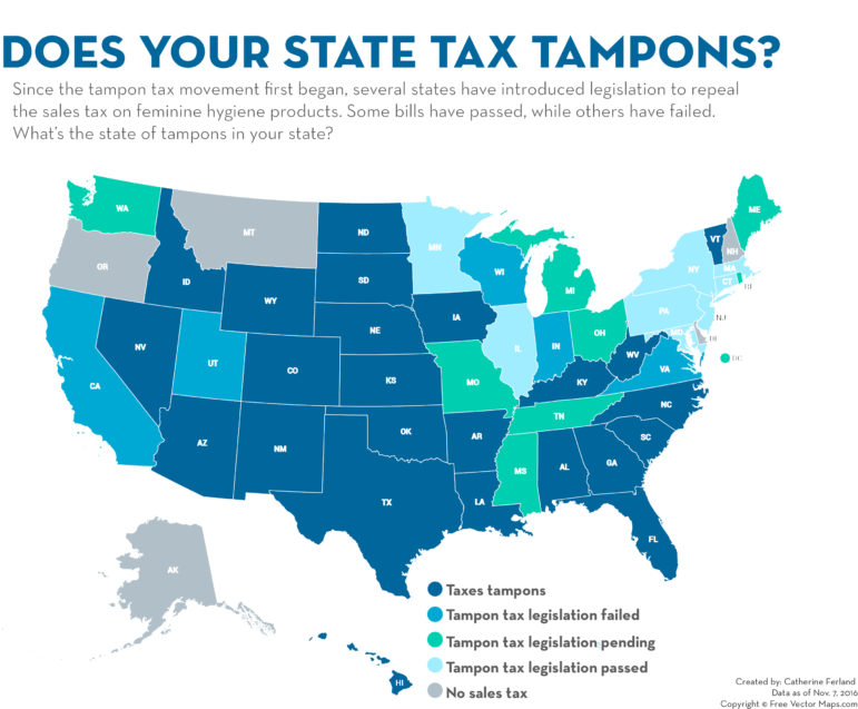 A breakdown of each state that charges sales tax on feminine hygiene products. 