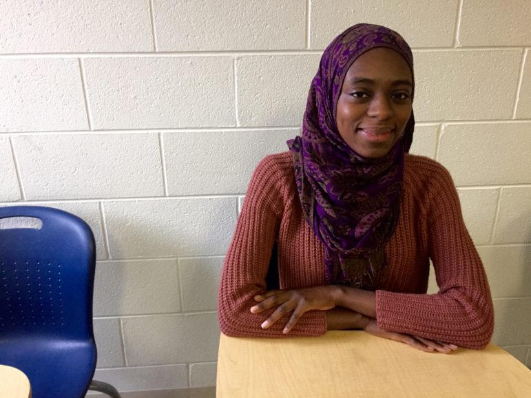 Hauwa Abbas, sitting in a Michigan State University classroom talking about her religion on Friday, Feb. 24, 2017.