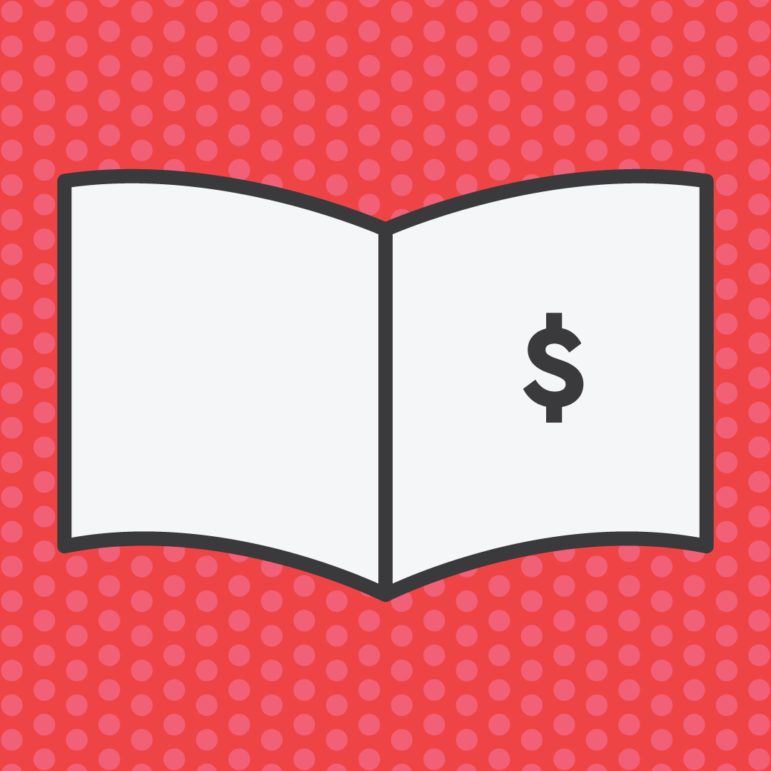 Graphic of book with dollar sign on the cover against a red, polka dot background.