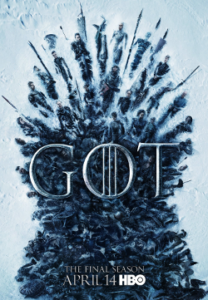 Logo for Gamee of Thrones season 8, people arrayed in the shape of the iron throne. From HBO