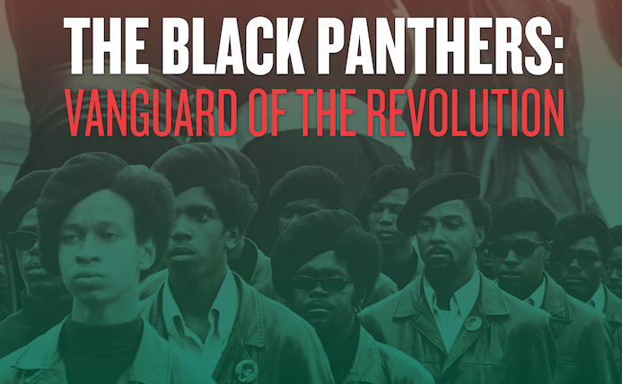 Black Panthers marhcing with totle of PBS documentary superimposed on top.