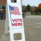 A sign marks a voting precinct at Michigan State University's Brody Complex on Election Day, Nov. 8, 2016.