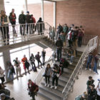 Lines fill the stairs as students wait anxiously to cast their vote Presidential Election on Nov. 8, 2016 at the IM West Building in East Lansing, Michigan.