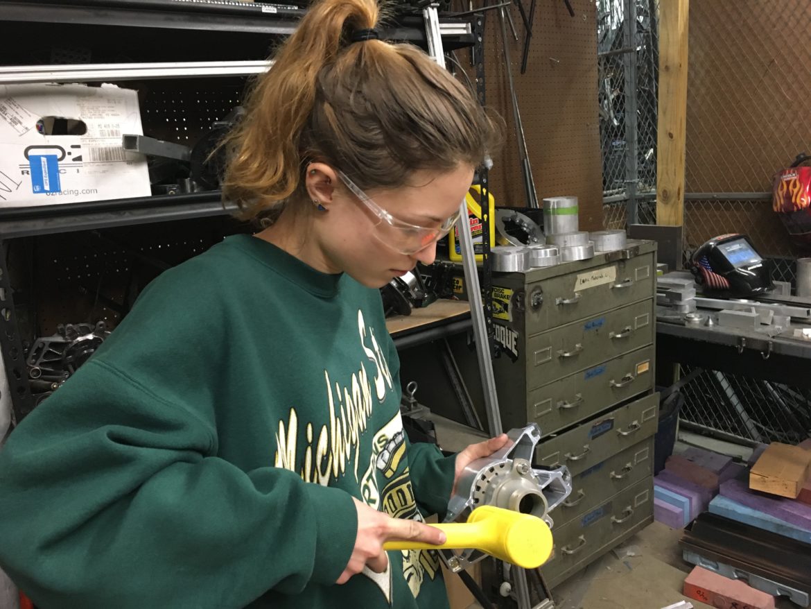 Kai Selwa works in the MSU Formula Racing Shop on March 27, 2018.