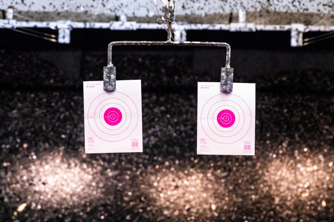 Targets are positioned on the indoor gun range at Total Firearms in Delhi Township on Sept. 24. The range at Total Firearms has five shooting spaces for customers to use.