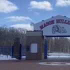 Mason High School football field with snow on the ground