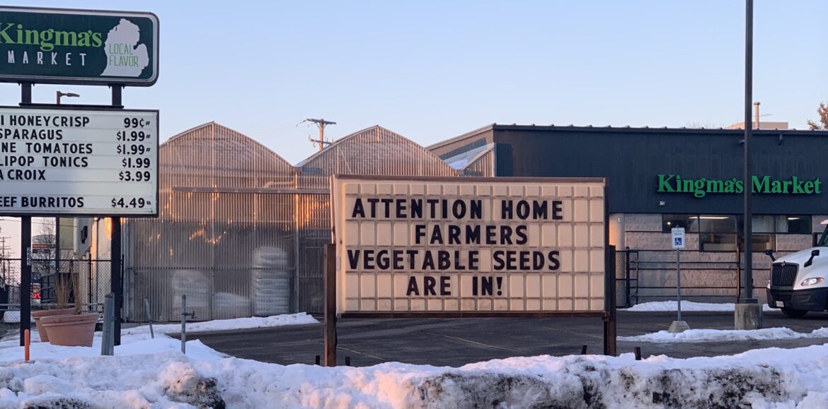 A sign at Kinga’s Market in Grand Rapids advertises vegetable seeds.