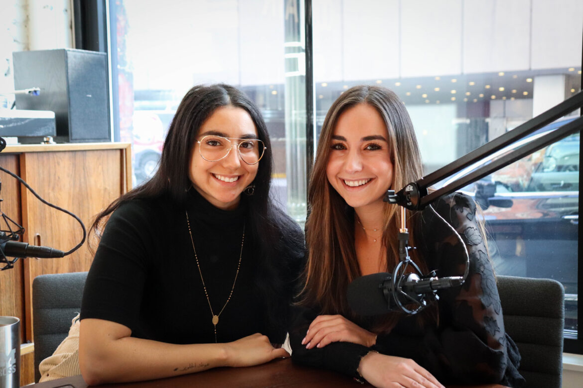 Rima Imad Fadlallah, left, and Yasmeen Kadouh sit in the studio where they record the "Dearborn Girl" podcast.