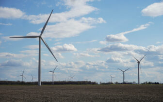 Some of the 75 wind turbines at the onshore Tuscola Bay Wind I farm in Fairgrove, Tuscola County, near Lake Huron