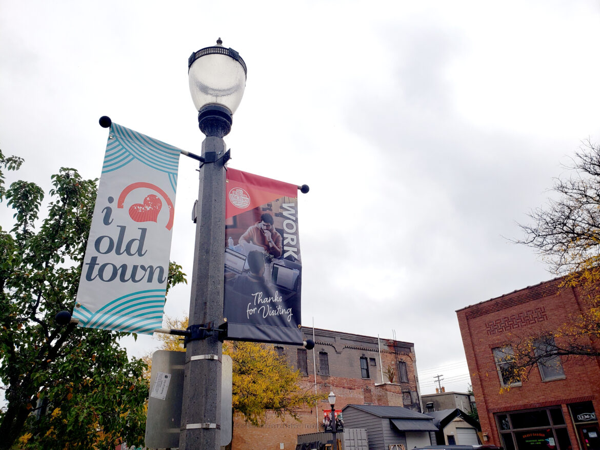 A banner on a lamp post in Old Town declares, "I love Old Town."