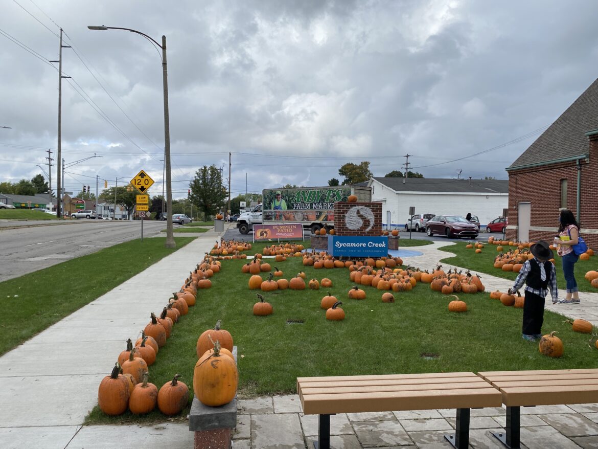 Pumpkins are lined up outside of Sycamore Creek church in South Lansing on Oct. 3.