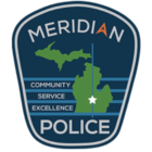 Meridan Township Police Crest, Blue background with the state of Michigan in green with the words Community, Service and Excellence