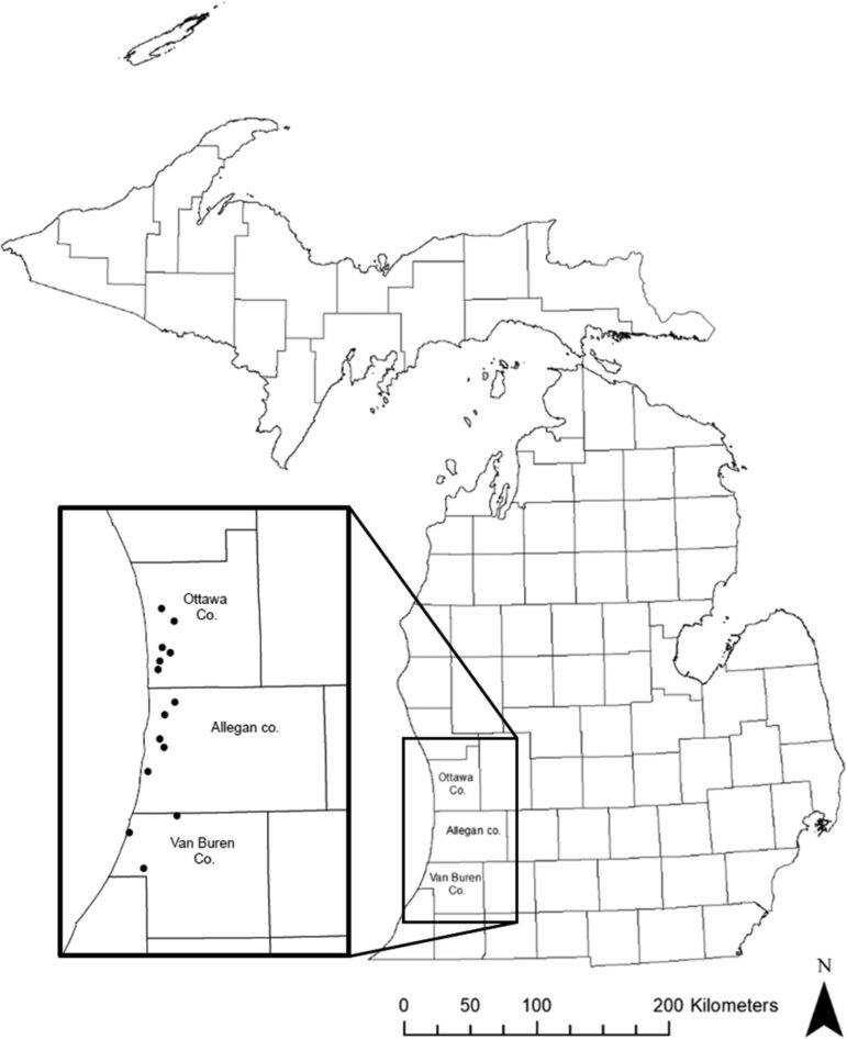 Locations of 15 blueberry farms in Southwest Michigan in the study