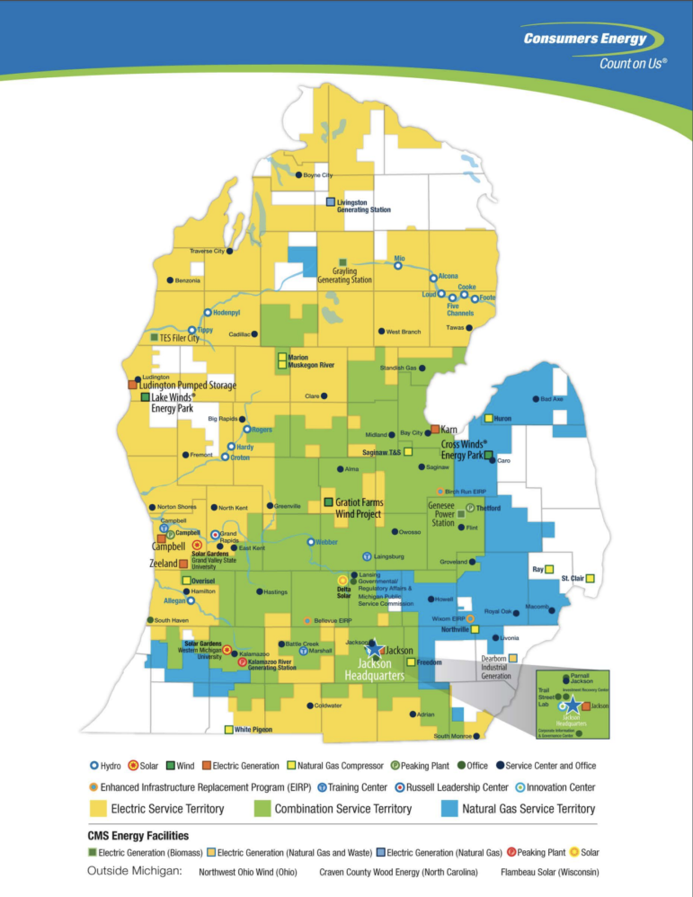 Consumers Energy service areas for natural gas, electricity or both.