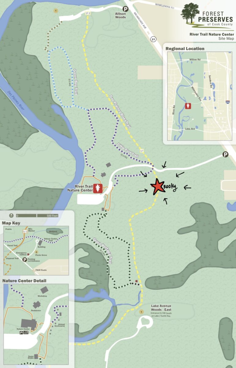 Map of River Trail Nature Center with Rocky the coyote's cage placement.