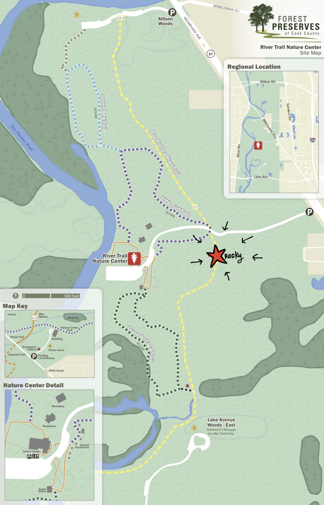 Map of River Trail Nature Center with Rocky the coyote's cage placement.