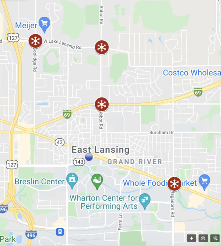 Map of intersections near Lansing, Michigan