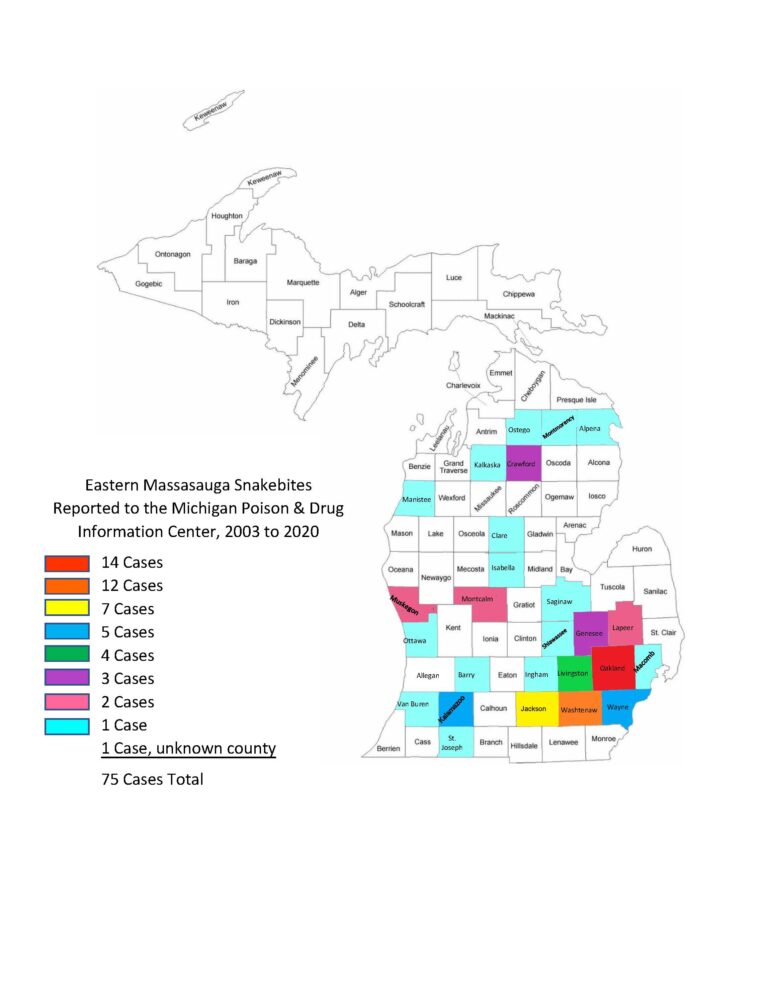 Counties where eastern massasauga rattlesnake bites were suspected or confirmed from 2003 through 2020