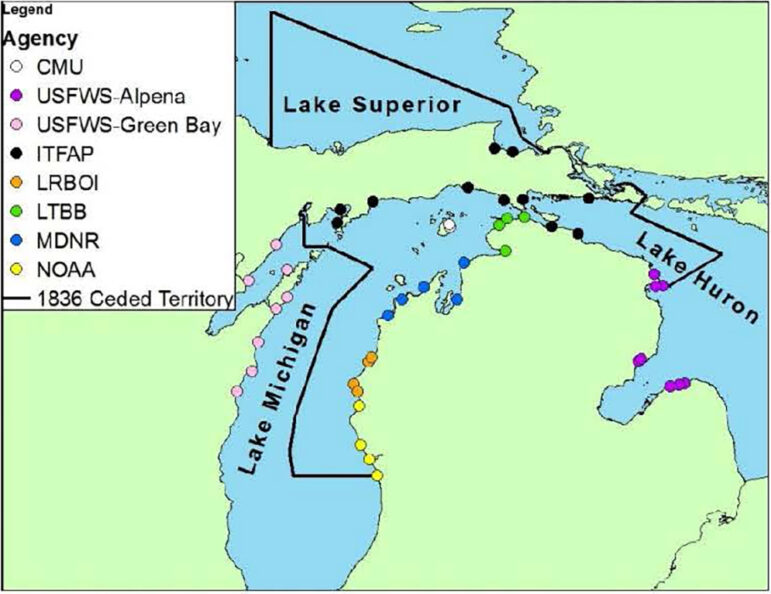 Map showing Michigan sampling sites in the 1836 Treaty waters where juvenile lake whitefish have been collected