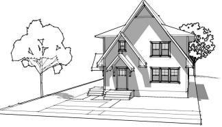 A rendering of the Linden Duplex, a pattern for a two-family unit