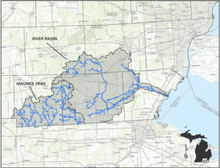Map of the Upper Maumee River and River Raisin Watershed, where a wetland may be created to reduce phosphorus runoff into Lake Erie.