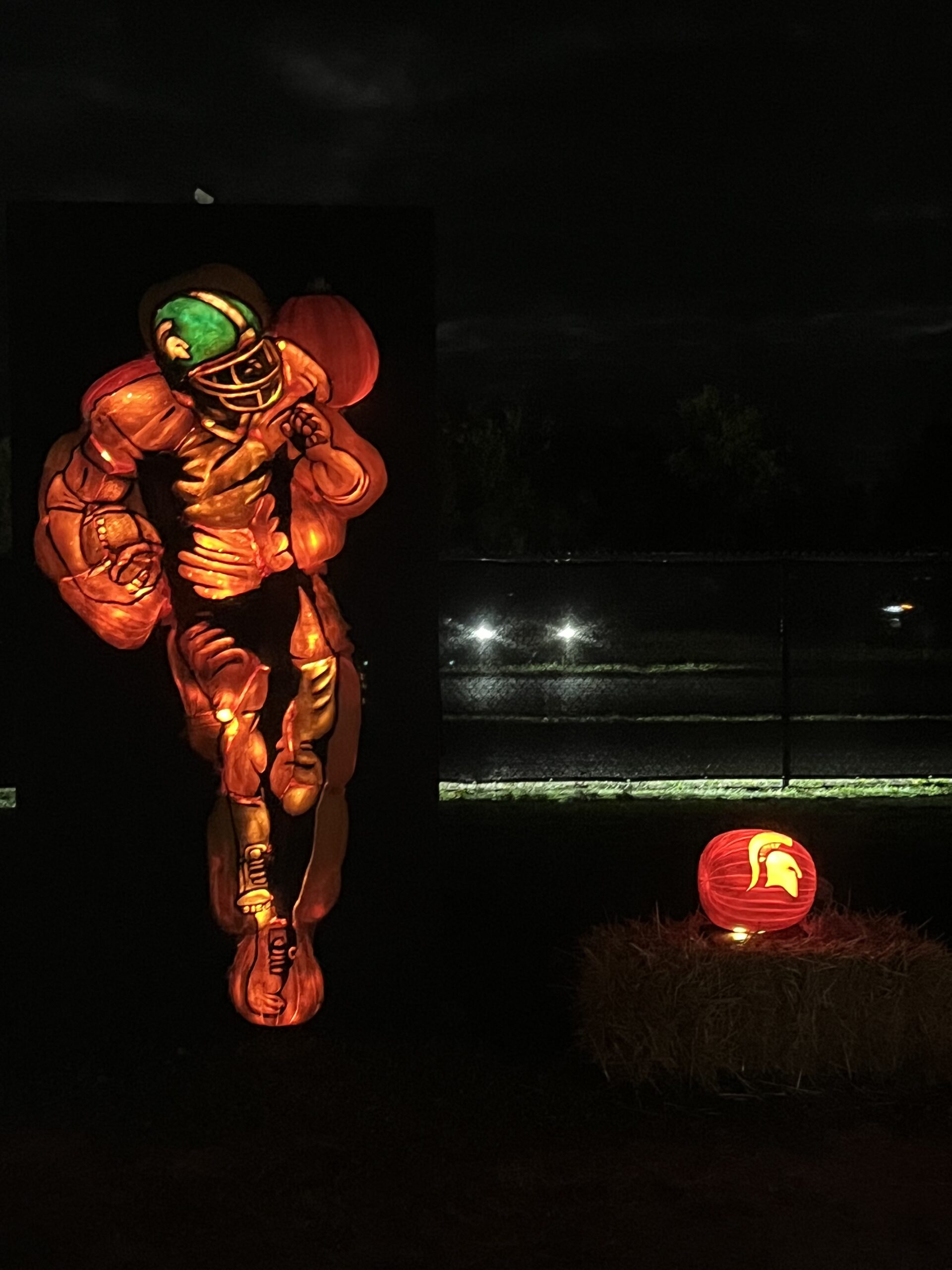 Pumpkin display of a MSU football player