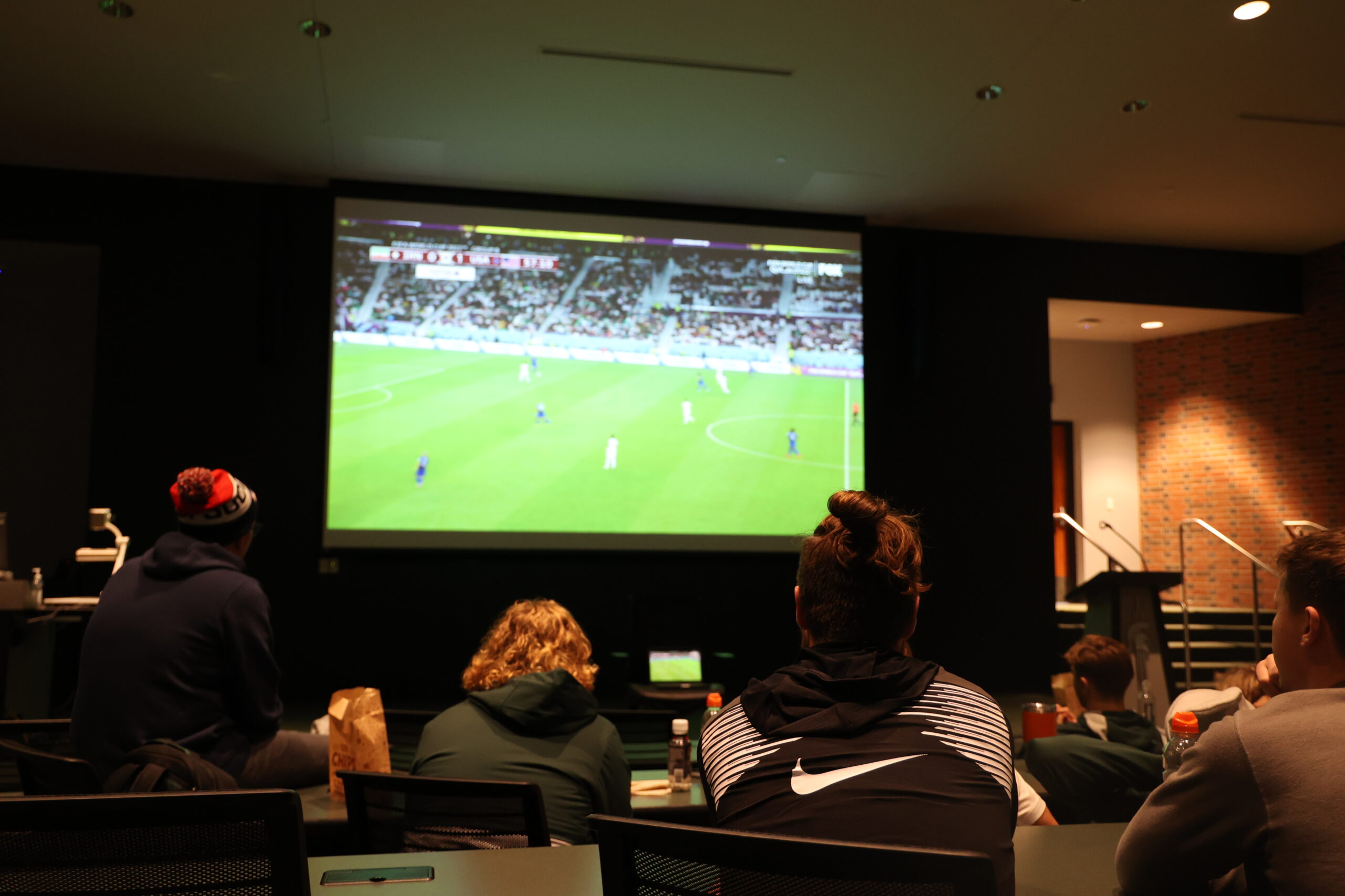 The Michigan State University men's soccer team hosted a student-athlete watch party inside the Smith Student-Athlete Academic Center for the USA vs. Iran match on Nov. 29.