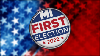 MI First Election 2022 logo button on a field of red, white and blue stars
