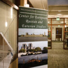 A banner displaying the name of the The office of the Center for European, Russian and Eurasian Studies outside its Michigan State University offices.