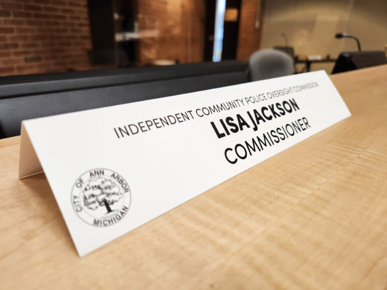 Lisa Jackson's name card sits in city council chambers at Guy C. Larcom, Jr. Municipal Building in Ann Arbor.