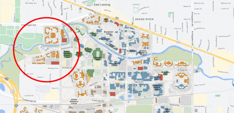 Map of MSU's main campus, circled is the area in which the most thefts occur.