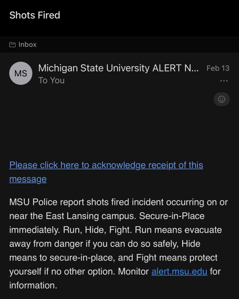 MSU alert email warning students that shots were fired near campus