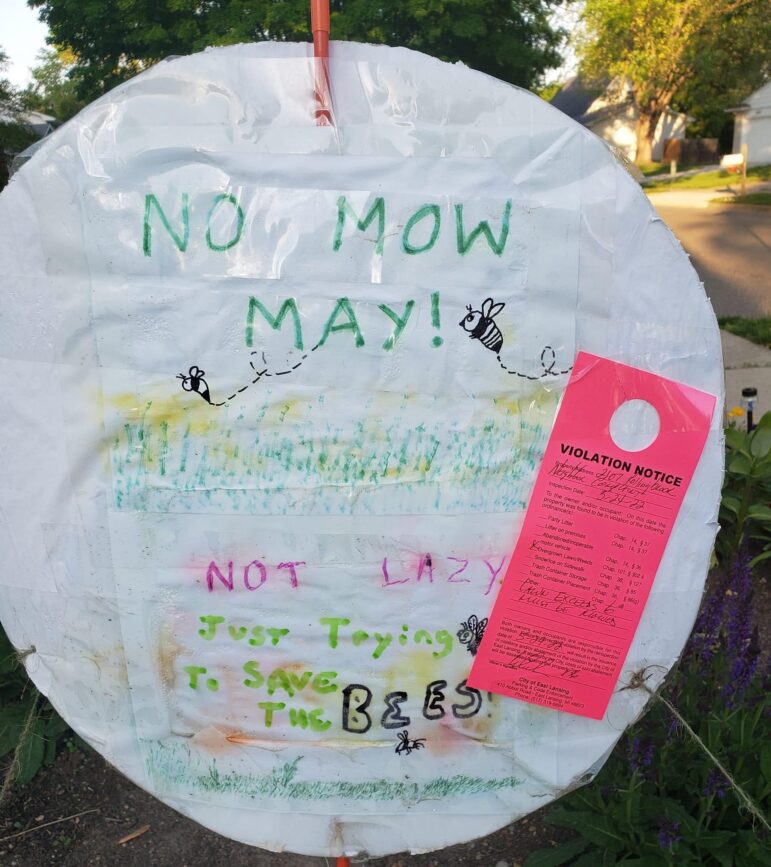 Homemade No Mow May sign with a violation sticker
