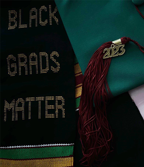 Black Grads Matter stole along with cap given out at the Black Grad Ceremony held on April 16 by Kennedy Robinson