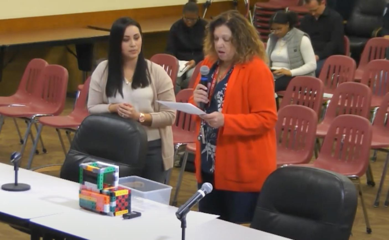 Amber Lee(left), the president of Capital Area K12 Online school, and Maureen McDiarmid(right) presented at this meeting. By: Lansing School District