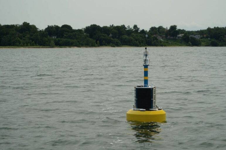 The Smart Lake Erie Watershed Initiative’s 40 buoys can transmit water condition data from up to 20 miles offshore to receivers on land.