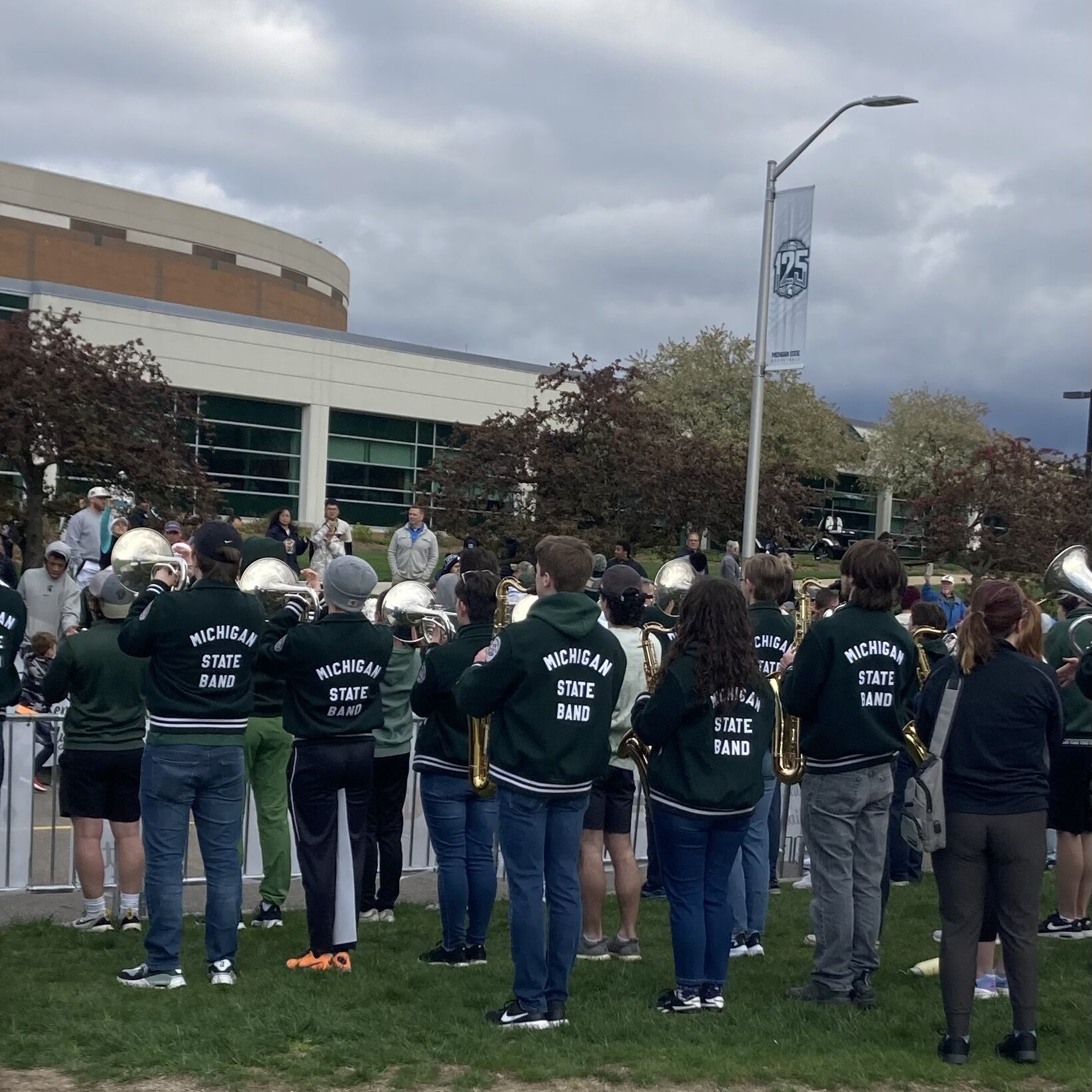 The MSU pep band playing the fight song at the start of the 5K race. Credit: Chris Warren
